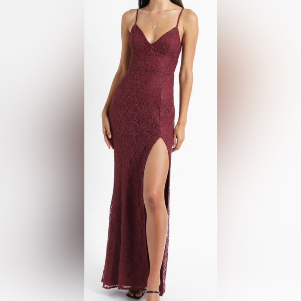 Showpo Wine Lace Maxi Dress with Side Thigh Split
